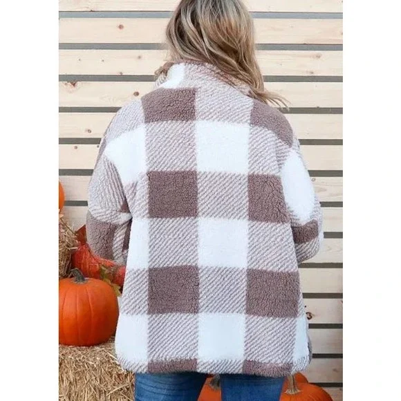 Brown Plaid Sherpa Snap Front Pocket Shacket - Picture 4 of 4